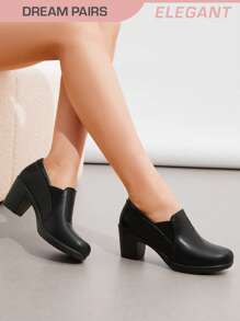 Women's Black Low Chunky Block Heels Pumps Casual Comfortable Slip-On Heeled Loafers Dress Work Shoes For Office Business - 黑色 - 查看 1