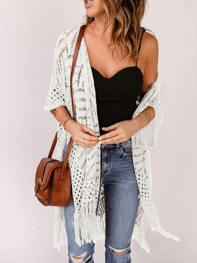 Acelitt Kvinnor Vanlig enkel Casual Kimono täcker upp med tofsdekor