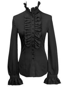 Women Vintage Victorian Button Down Shirts Stand Collar Frilly Ruffle Gothic Punk Blouses Retro Flared Sleeve Tops - màu đen - Xem 1