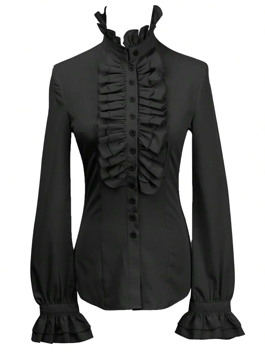 Women Vintage Victorian Button Down Shirts Stand Collar Frilly Ruffle Gothic Punk Blouses Retro Flared Sleeve Tops - màu đen - Xem 1