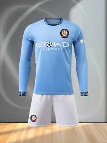 2024-2025 Manchester City Style Men's Football Set - Long Sleeve Jersey And Shorts Set, Home Design Style - Baby Blue - View 2