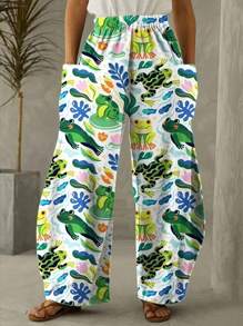 Plus Size Autumn Women's Elastic Waist Cartoon Cat Pocket Wide Leg Loose Casual Pants