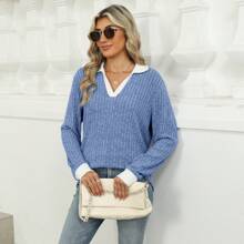 Womens Sweater Ribbed Knit Collared,Casual Lapel Neck Long Sleeve Tops,V Neck Color Block Collar Long Sleeve Loose Tops - 藍色 - 查看 5