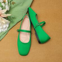 女士绿色平底方头玛丽珍鞋，法式春季款 - 綠色 - 查看 4