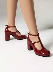 Chaussures femme style rétro babies, escarpins enrobé rouge style français, chaussures à bride et à talon bloc épais talon moyen polyvalentes