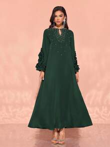 Women's Handmade 3D Floral Elegant Front Placket Beaded Formal Dress,Modest