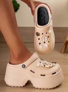 女士镂空鞋，DIY亮片装饰，朋克风厚底镂空设计，舒适花园鞋 - 卡其金色 - 查看 5