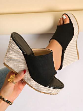 2024 vår/sommar nya damsandaler, tjocka klackar med öppen tå, Slip-On högklackade tofflor i mocka, damskor i stora storlekar