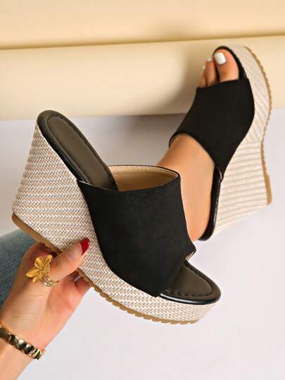 2024 Spring/Summer New Women Sandals, Open Toe Platform Chunky Heels, Suede Slip-On High Heeled Slippers, Plus Size Ladies Shoes