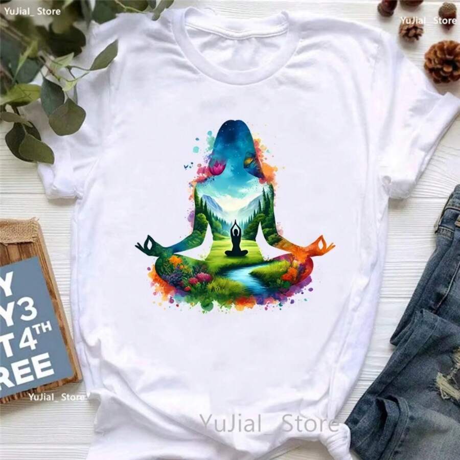 Watercolor Yoga Meditation Printed T Shirt Women Clothes 2024 Summer Fashion T-Shirt Femme Casual White T-Shirt FemaleQE - White - View 1
