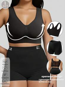 1套天蓝色女士大码无缝运动内裤加大平角短裤，舒适透气单层无棉碗形文胸和柔软亲肤塑身平角裤组合，适合训练、瑜伽