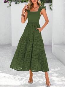 Women's Summer Square Collar Long Dress With Sleeve Cap Hole Eye Ruffles Layered A-Line Casual Vacation Long Skirt With Pockets - 軍綠色 - 查看 3