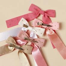 5入組女童金點絨織繡帶長尾髮夾,帶蝴蝶結,適用於馬尾髮型 - 粉色 - 查看 3