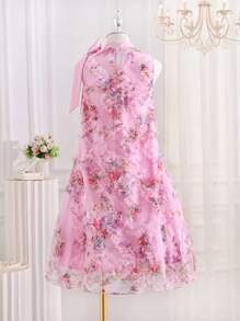 Girls' Pink Sleeveless Mesh Big Bow Embroidered Princess Dress, Comfortable & Elegant For Outings