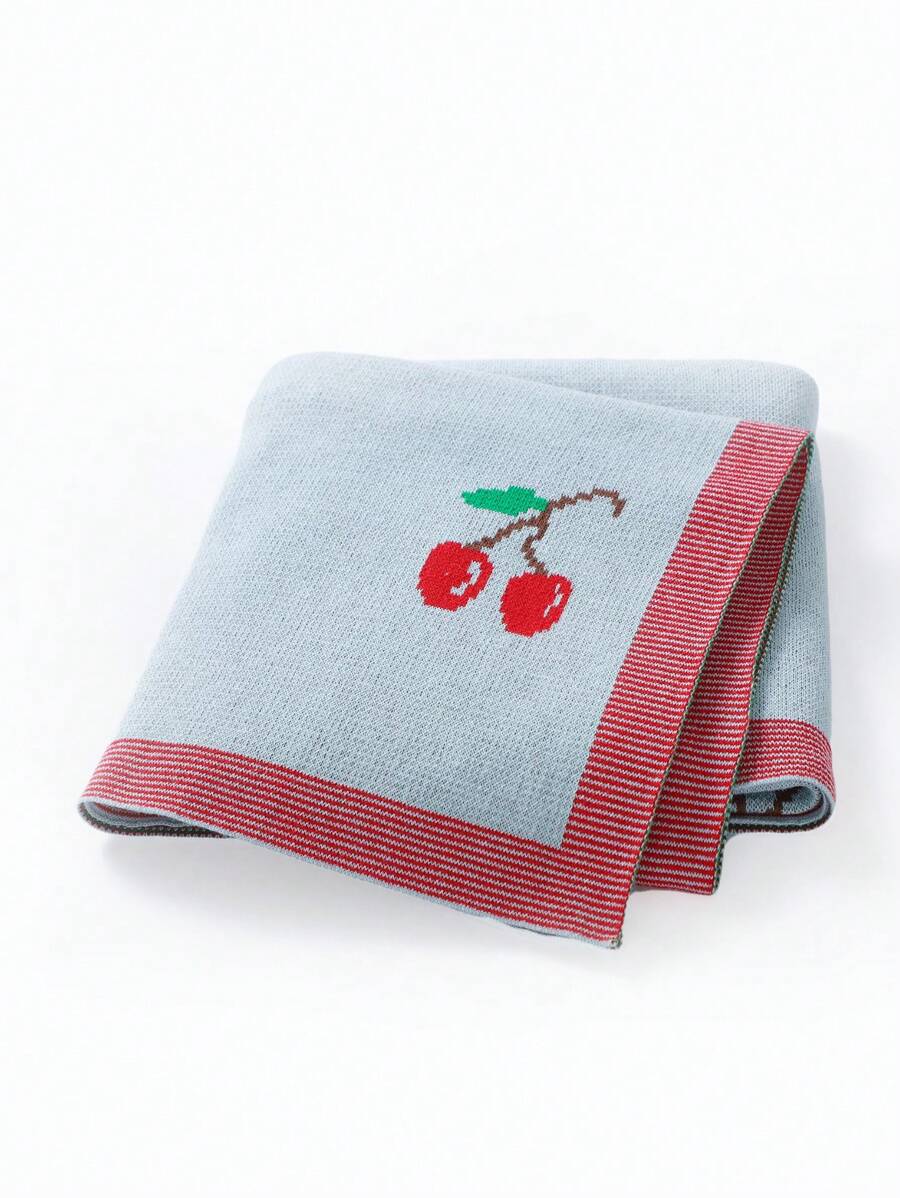 Infant Knitted Blanket With Cherry Brocade Pattern, Children Quilt, Baby Swaddle Wrap - Baby Blue - View 1