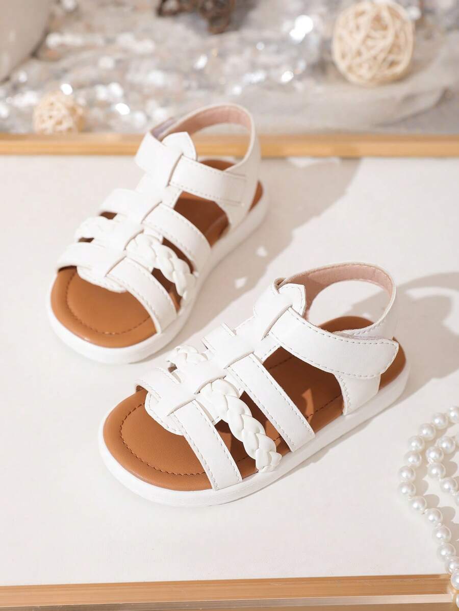 1 Pair Newborn Baby Girl Sandles With Woven Straps And Straight Straps, Cute And Clean Style Suitable For Spring/Summer - White - View 1