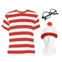 Mens Wheres Wally Costume Fancy Dress Find Me Book Character Adults Costume Book Day Stripe Shirt Hat Glasses - Red & White - View 1