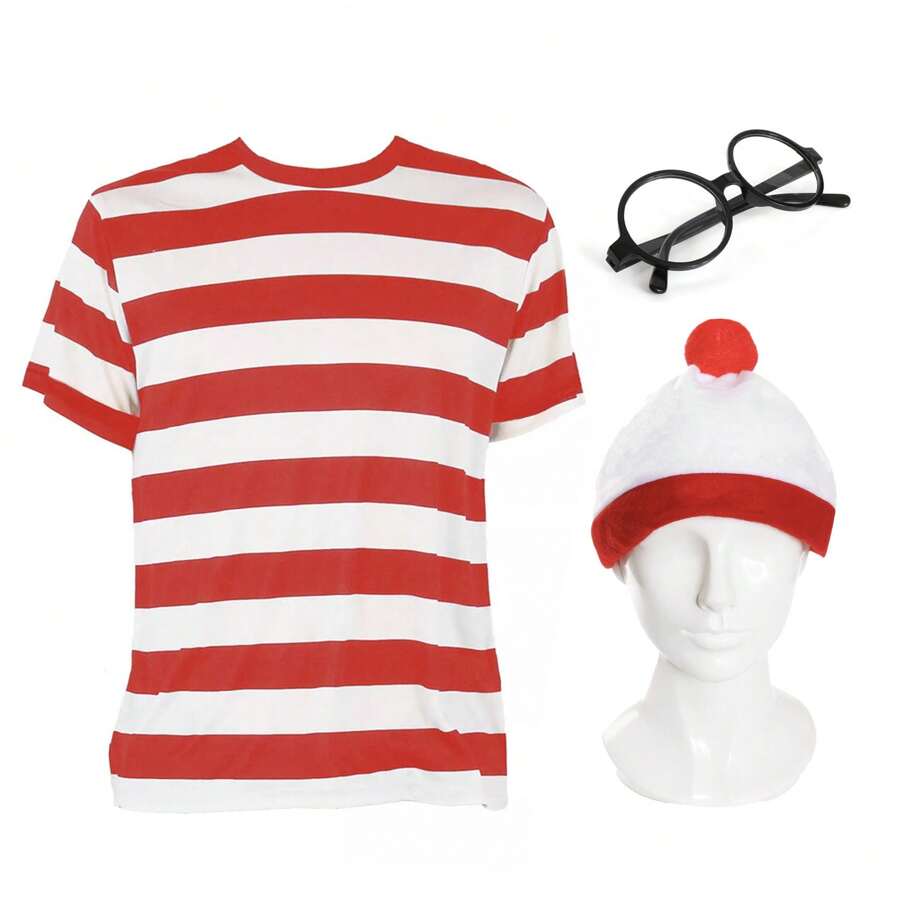 Mens Wheres Wally Costume Fancy Dress Find Me Book Character Adults Costume Book Day Stripe Shirt Hat Glasses - Red & White - View 1