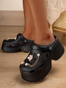 女士镂空鞋，DIY亮片装饰，朋克风厚底镂空设计，舒适花园鞋 - 黑金色 - 查看 5