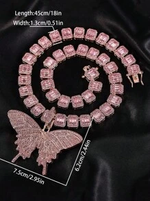 Fashion Crystal Pink Butterfly Pendant & Punk Spiked Cuban Link Chain Necklace Set, Unisex Party / Gift Decorative Box Included