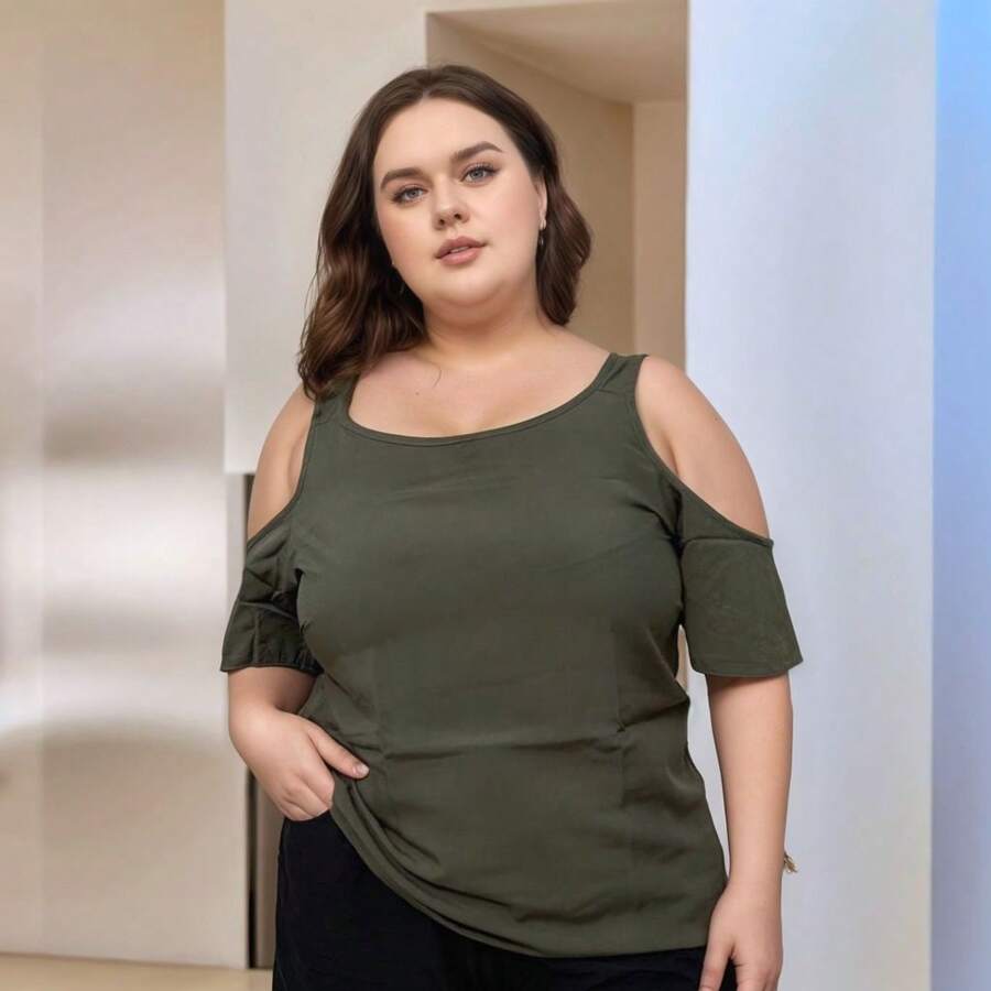 Women's  Viscose Printed Plus Size Loose Top - Army Green - View 1