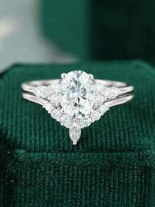 Esberry 2pcs/Set 925 Sterling Silver High Sparkle Glamorous Cubic Zirconia Water-Drop Decor Wedding Band For Women Valentines Gift Engagement Bridal Jewelry