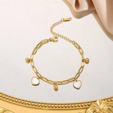 1 件优雅简约镀金不锈钢黑白贝壳心形珠子吊坠链手链，百搭配饰 - 愛心圓珠吊墜手鍊 - 查看 2