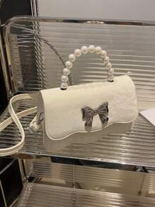 Fashionable Pearl Handbag & Shoulder Bag, Solid Color Design 2025 New Chic Fresh Butterfly Texture Small Square Bag - Beige - View 6