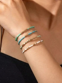4pcs Women Minimalist Rice Bead Elastic Bracelets Set, Suitable For Work, Travel, Party - Multicolor - View 1