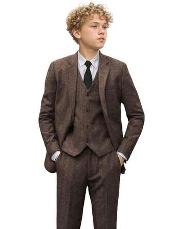 Tween Boys Suits Tweed 3-Pieces Suit Set Toddler Tuxedos Dresswear Ring Bearer Outfit Wedding Blazer Vest Pants Formal Suits For Kids Dark Brown Size 6-14Y