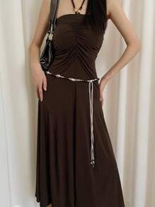 1pc Beige Women's Polyester Bohemian Style Shell & Wooden Bead Woven Belt - Beige - View 4