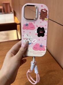 Cute Pink Polka Dot Rabbit & Bear Cake Design Phone Case, Adorable & Youthful Style, Compatible With IPhone 16/15/15 Pro/15 Pro Max/14/13/12/11/Xs MAX Series - Pink Polka Dot Rabbit Bear With Pink Lanyard - View 4