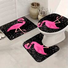 4pcs Glittering Rhinestone Flamingo Pattern Shower Curtain Set, Waterproof Bathroom Partition Curtain With 12 Hooks, Non-Slip Bath Mat, Toilet U-Shaped Pad, Toilet Seat Cover Pad, Decorative Bathroom Set, Bathroom Accessories Home Bathroom Decor Fall Decor Back To School