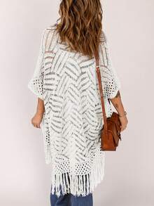 Acelitt Women Plain Simple Casual Kimono Cover Up With Tassel Decor