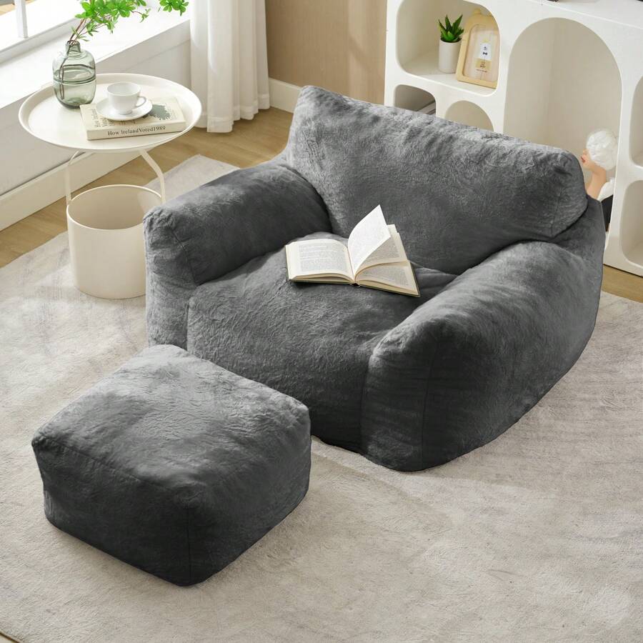 Modern Faux Fur Fabric Large Bean Bag Chair With Ottoman, Oversized Adult Bean Bag Chair With Filler, Lazy Sofa Comfy Bean Bag Couch With Armrests - 淺灰色 - 查看 1