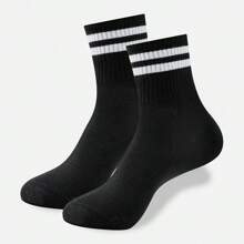 10 双黑白条纹中筒袜，适合女士，休闲百搭 - 黑與白 - 查看 2