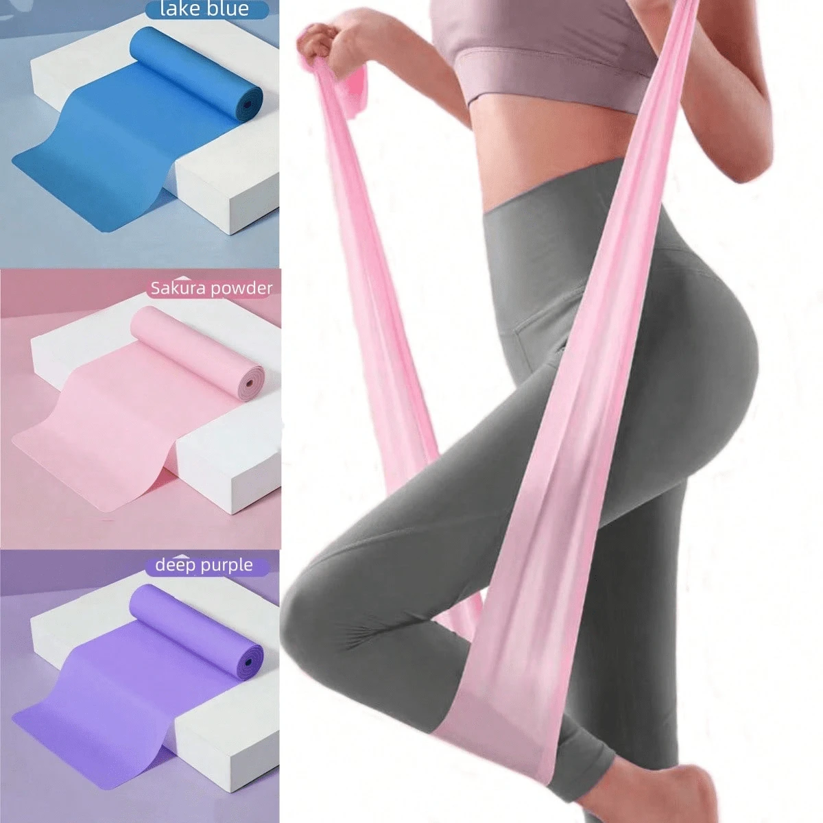 1 pieza Banda de resistencia de color rosa/azul/morado, banda elástica de ejercicio para deportes, yoga, entrenamiento, pilates, entrenamiento de fuerza