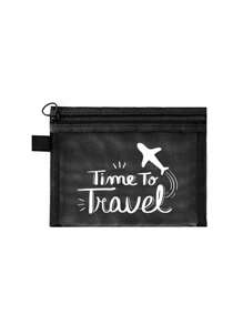Bolsa de maquillaje con estampado de patrón de letra "Time to Travel", bolsa de almacenamiento para maquillaje y esponja de cojín, bolsa organizadora transparente, neceser de viaje, estilo de vacaciones hawaianas, bolsa de aseo, bolsas de embalaje, para vacaciones, playa, baño, dormitorio, gran capacidad