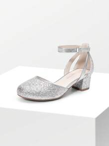 Girls Dress Shoes Closed Toe High Heels Ankle Strap Toddler Little Big Kid Wedding Flower Party Pump - 銀色 - 查看 4