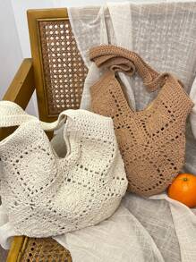 Handmade Crochet Hollow Tote Bag, Large Capacity, Pure Handwoven, Suitable For Summer Beach Vacation, Travel, Sweet Lady Bag, Beach Necessities, Beach Essentials,Beach Stuff & Summer Essentials, Newest Holiday Bag