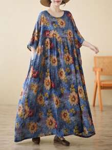 2026春节母亲节优雅日常连体裤、上衣、睡衣内搭、波西米亚休闲度假连衣裙、夏季新款圆领短袖连衣裙、女士大码度假装、沙滩装 - 藍色 - 查看 1