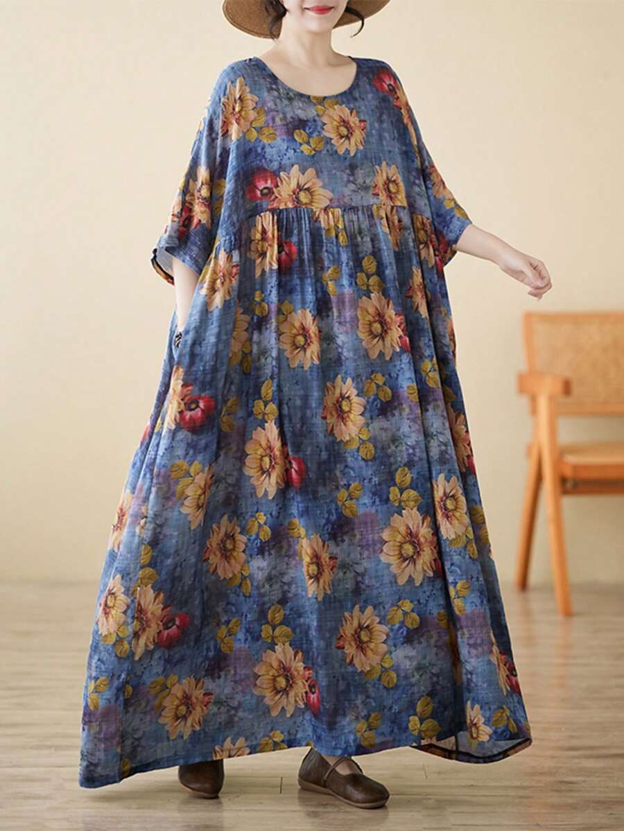 2026春节母亲节优雅日常连体裤、上衣、睡衣内搭、波西米亚休闲度假连衣裙、夏季新款圆领短袖连衣裙、女士大码度假装、沙滩装 - 藍色 - 查看 1