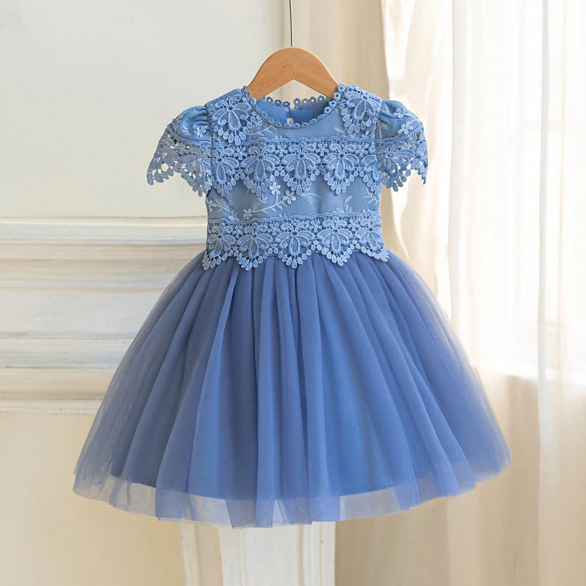 Vestido de gris-azul con encaje y tul para niña, vestido de niña de las flores para boda, fiesta de cumpleaños y ocasiones especiales