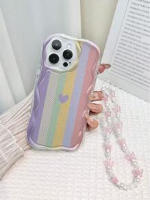 Funda para teléfono con textura, ondas, rayas con corazón brillante pintado, a prueba de golpes, con pulsera de mariposa hecha a mano con cuentas, compatible con iPhone XR/7/8, iPhone 16/16 Pro/16 Plus/16 Pro Max, iPhone 15 Pro Max, iPhone 13, iPhone 14, iPhone 11, Galaxy S24, Galaxy S24+