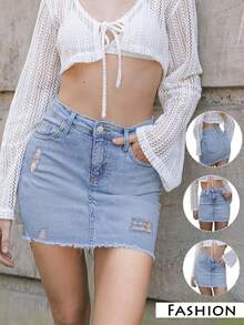 GILIPUR Summer Outfits For Women High Waist Denim Skirt Casual Ripped Raw Hem Old Raw Edges