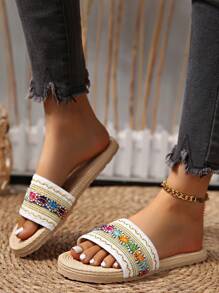 女士平底拖鞋，轻便舒适的假日拖鞋，色彩缤纷的波西米亚风格假日凉鞋，超轻鞋底，轻便平底家居拖鞋，露趾透气静音浴室拖鞋 - 多色-圓頭 - 查看 6