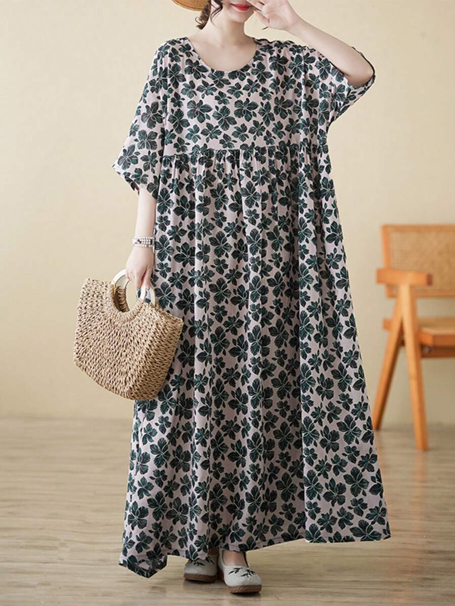 Top, Bohemian Casual Holiday Dress, Green Flower Beach Dress, Women's Elegant Everyday Dress, Summer 2025 New Short-Sleeved Crewneck Dress, Women's Plus-Size Holiday Dress, One Dress,