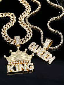 LIGHTSOME Hip Hop Bling Rhinestone Crown KING Pendant Necklace For Men Punk Tennis Chain Link With Queen Pendant Jewelry Gift For Women - Silver - View 3