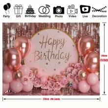 1pc Metallic Pink & Gold Happy Birthday Backdrop - Polyester Party Flag, Indoor/Outdoor Decoration, Glitter Cake Table Banner, Photo Booth, Party Supplies, Home Decor