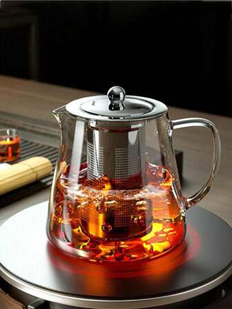 1pc Thick Borosilicate Glass Teapot With Stainless Steel Tea Infuser, Heat Resistant Glass Teapot, Tea Set Gaiwan Pot For Pu-Erh/Oolong, 450ml/550ml/750ml/950ml/1300ml, For Outdoor, Camping